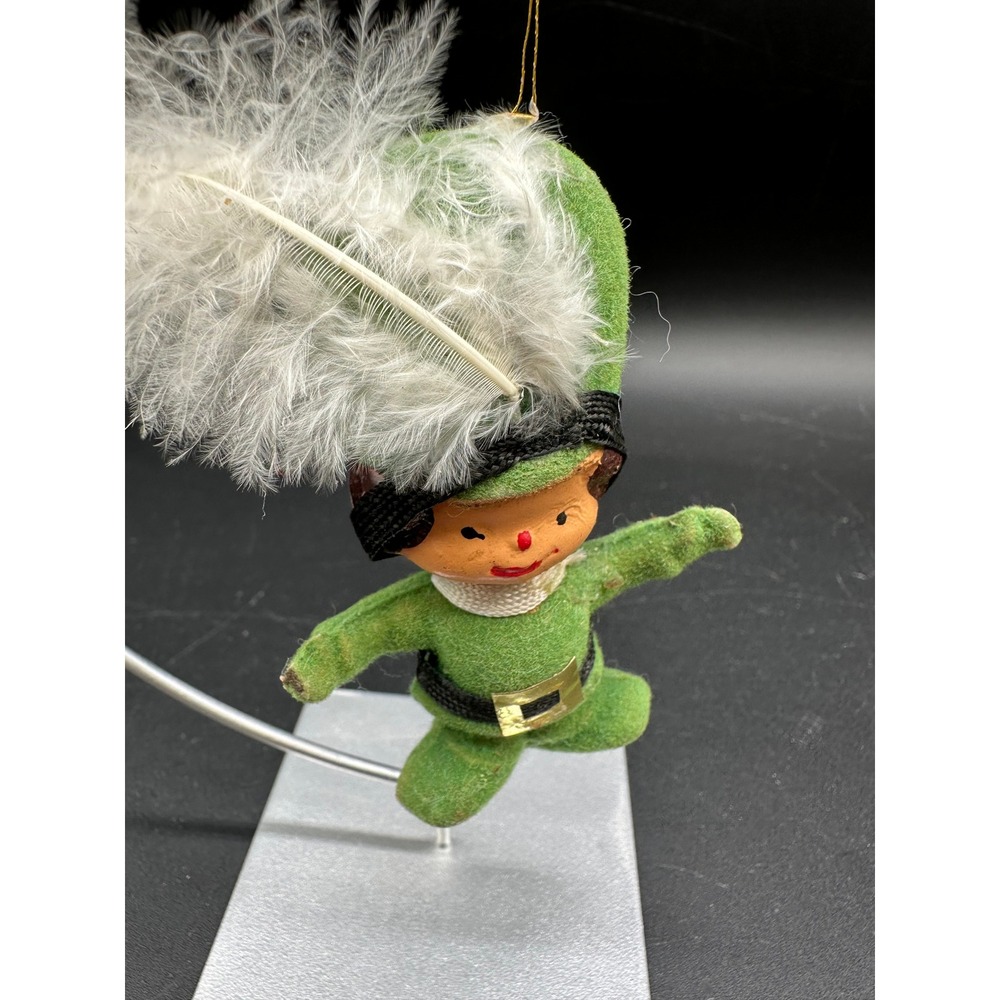 Vintage Circus Christmas Ornament Flocked Green Suit Figure with Feather‎ Hat